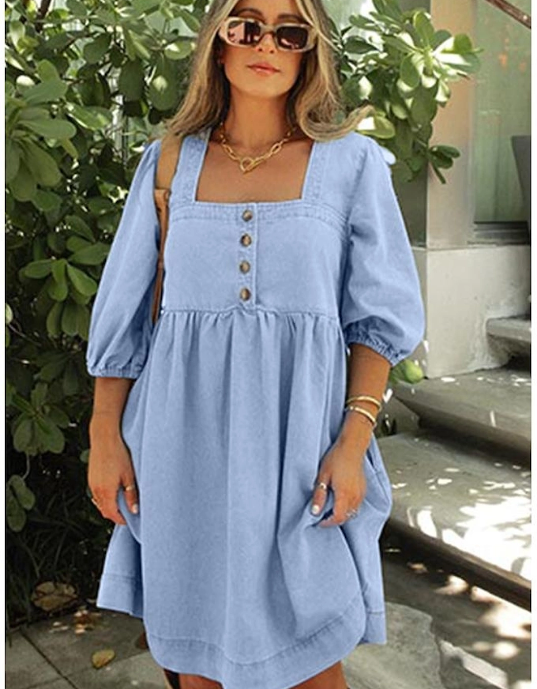 Beau Blue Denim Button Detail Babydoll Square Neck Mini Dress