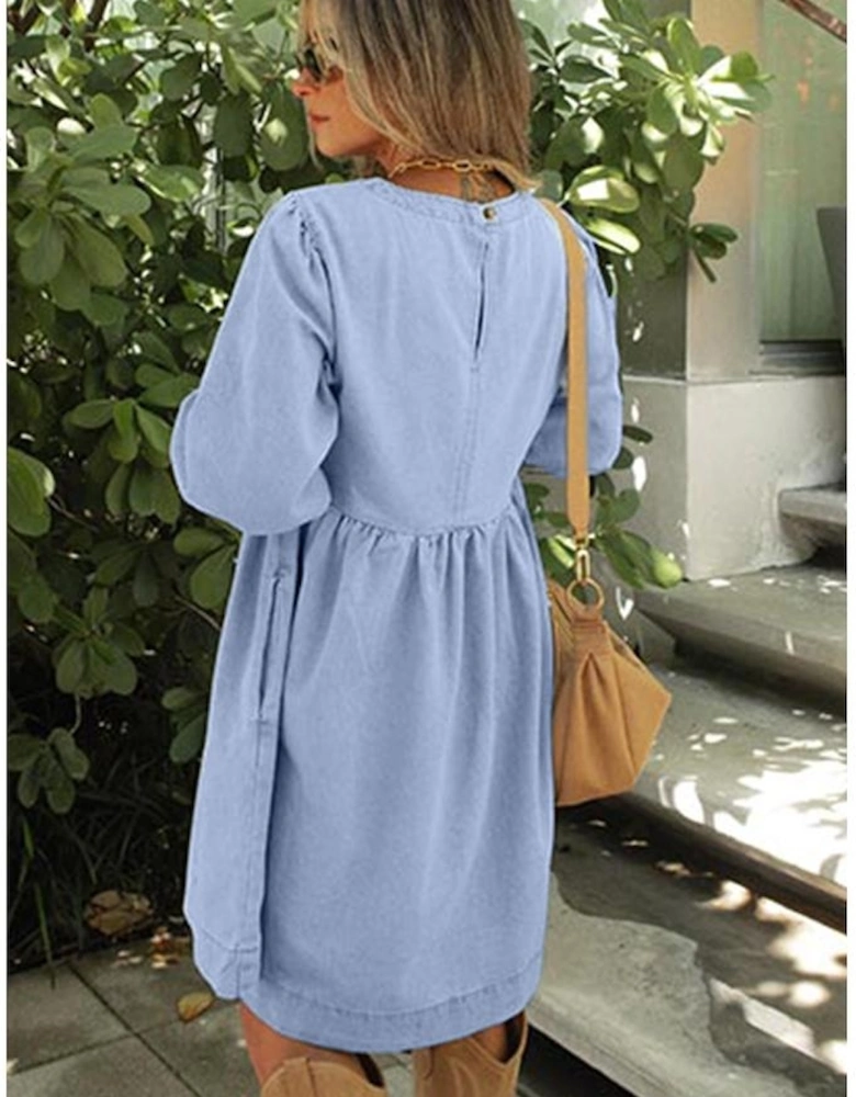 Beau Blue Denim Button Detail Babydoll Square Neck Mini Dress