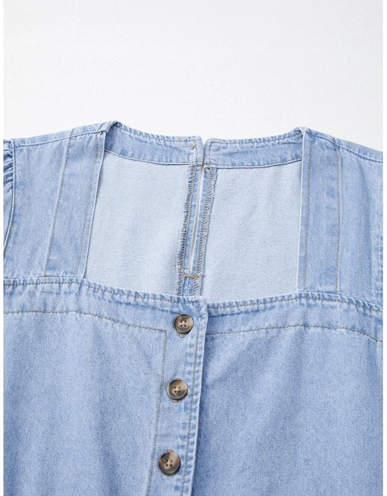 Beau Blue Denim Button Detail Babydoll Square Neck Mini Dress