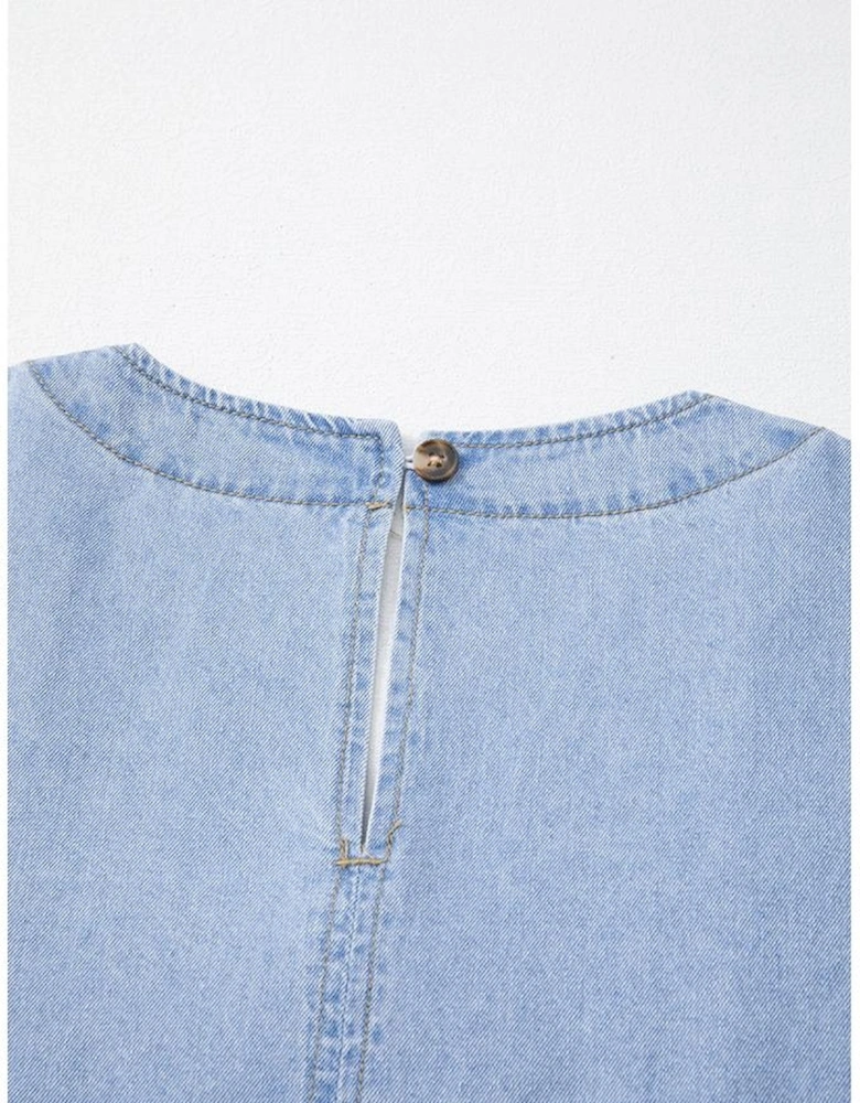 Beau Blue Denim Button Detail Babydoll Square Neck Mini Dress
