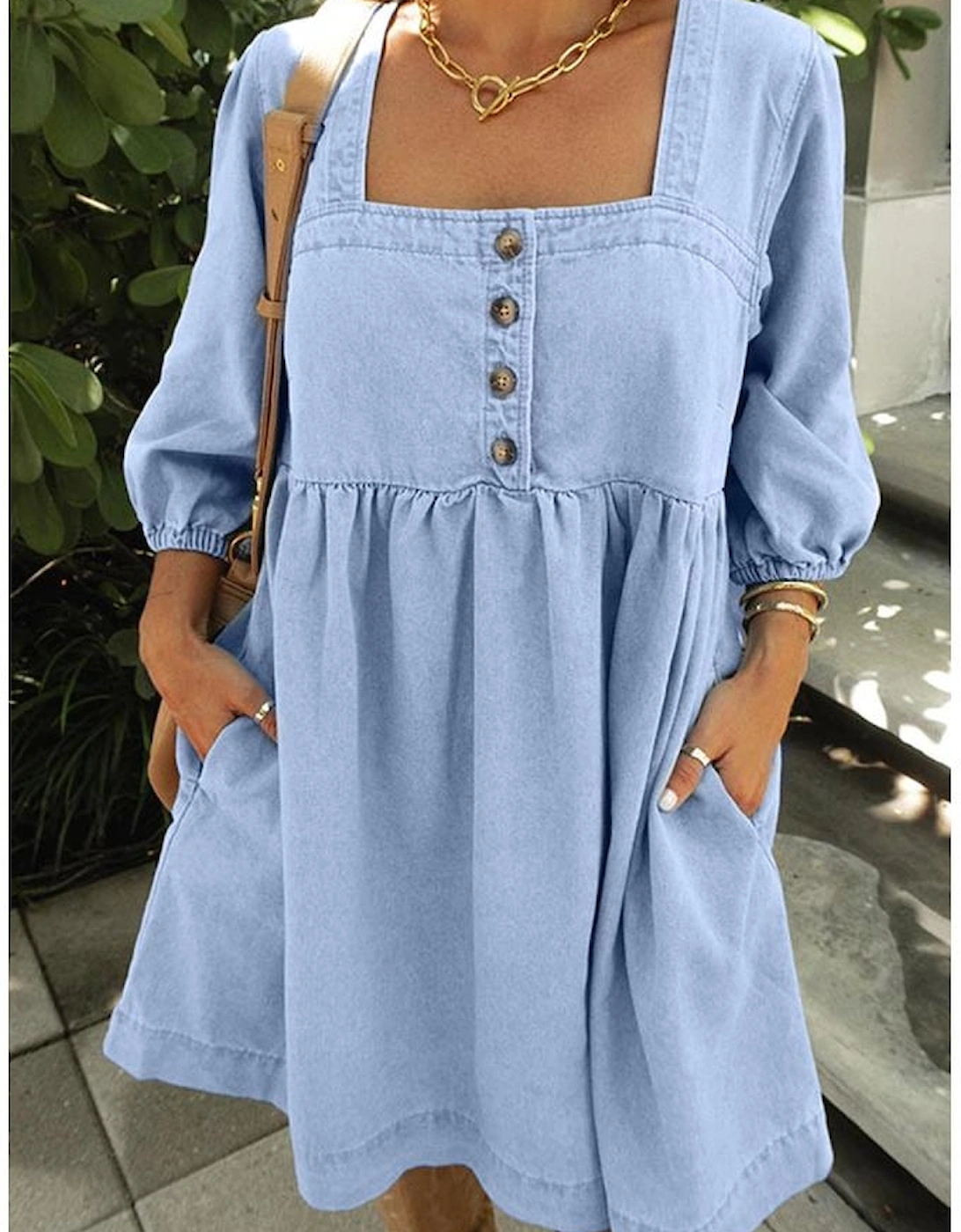 Beau Blue Denim Button Detail Babydoll Square Neck Mini Dress