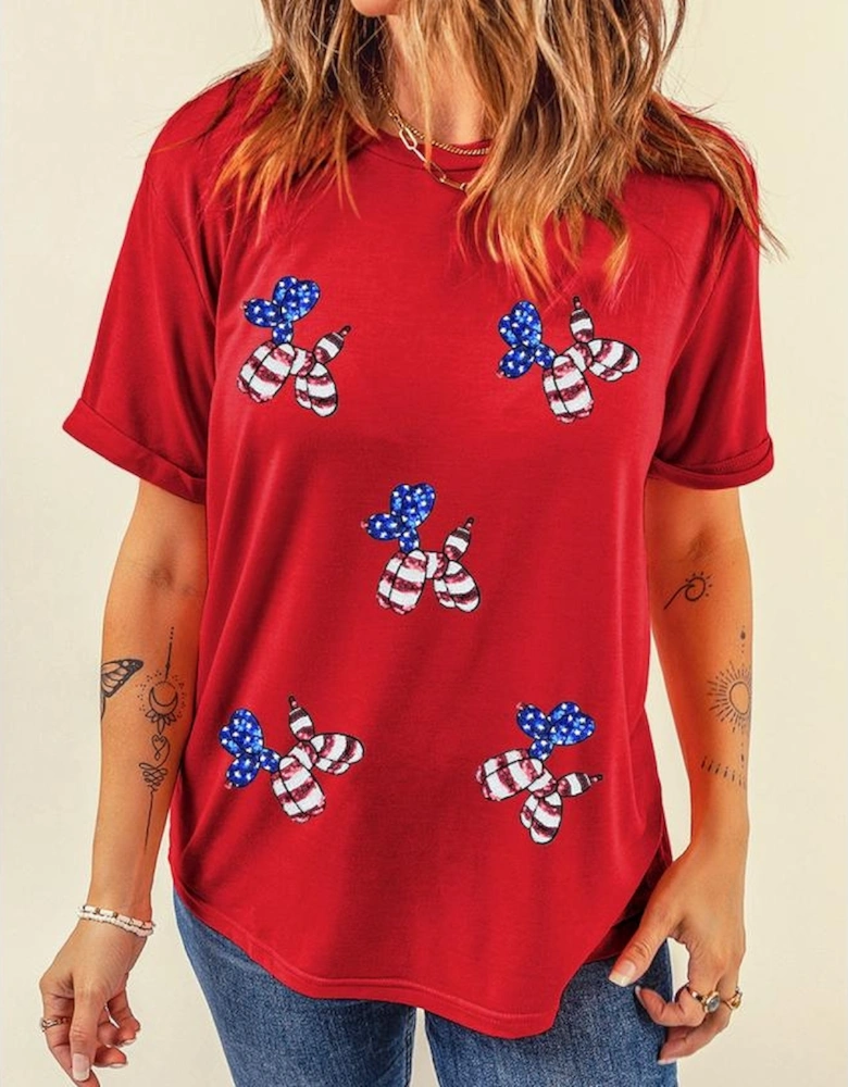 Red Sequin Stars and Stripes Balloon Puppy Graphic Crewneck Tee