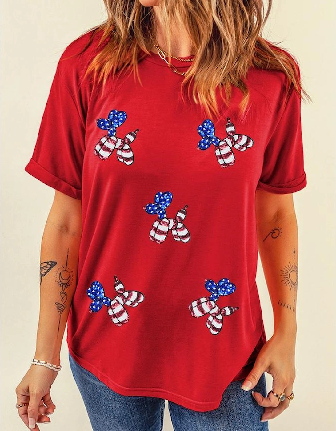 Red Sequin Stars and Stripes Balloon Puppy Graphic Crewneck Tee