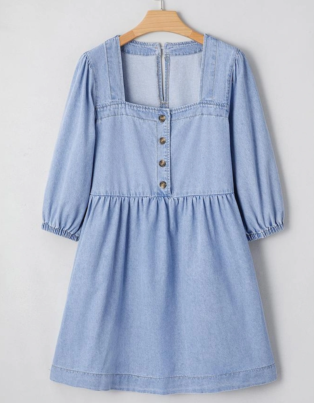 Beau Blue Denim Button Detail Babydoll Square Neck Mini Dress