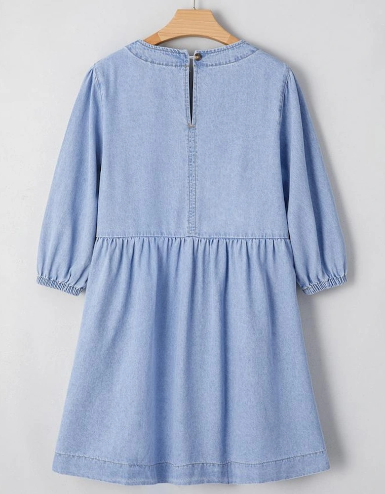 Beau Blue Denim Button Detail Babydoll Square Neck Mini Dress