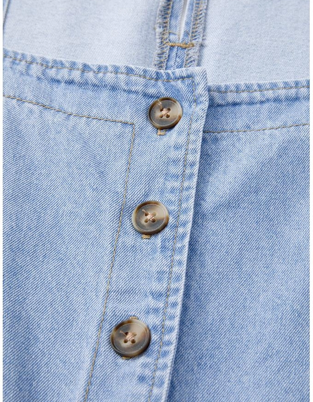 Beau Blue Denim Button Detail Babydoll Square Neck Mini Dress