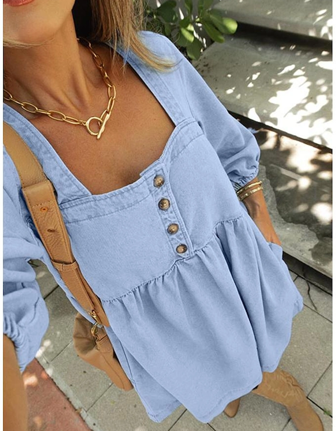 Beau Blue Denim Button Detail Babydoll Square Neck Mini Dress