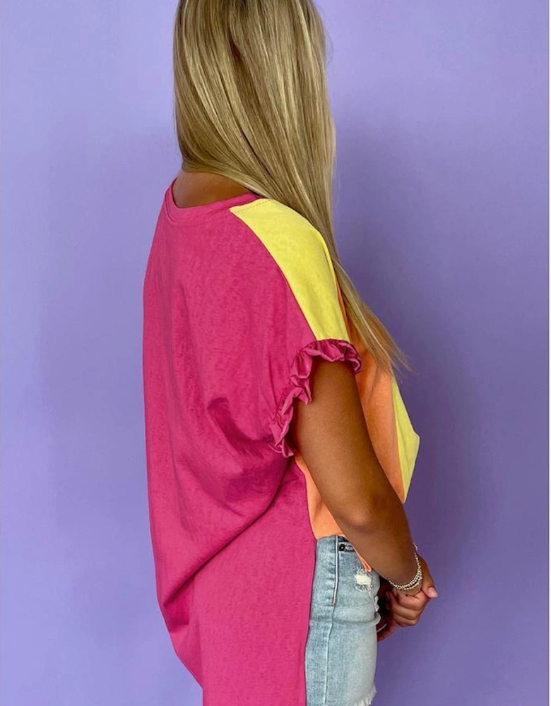 Rose Red Color Block Ruffled Crew Neck Loose Fit T Shirt