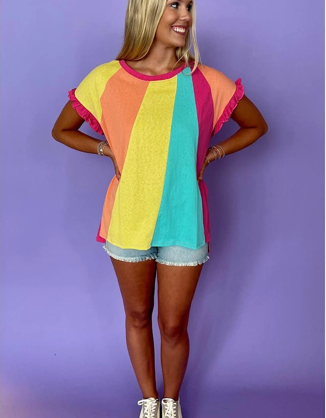 Rose Red Color Block Ruffled Crew Neck Loose Fit T Shirt