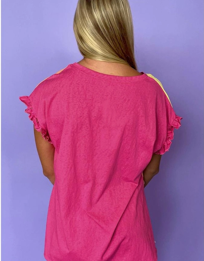 Rose Red Color Block Ruffled Crew Neck Loose Fit T Shirt