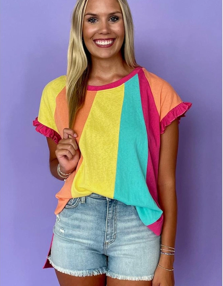 Rose Red Color Block Ruffled Crew Neck Loose Fit T Shirt