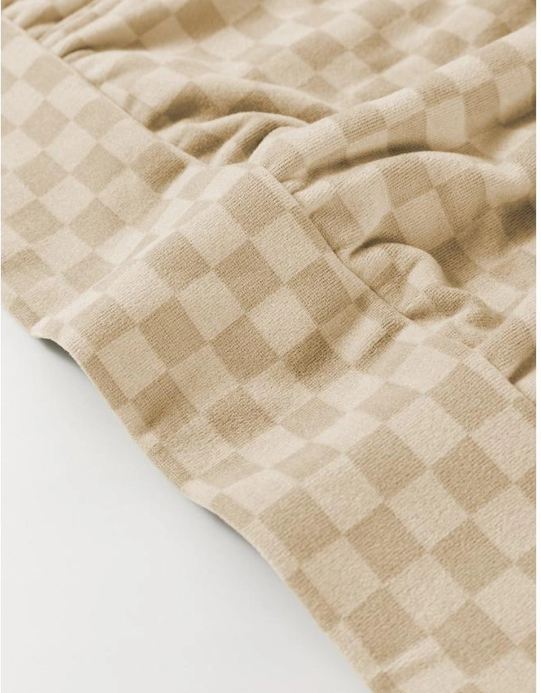 Khaki Checkered Print Kangaroo Pocket Drawstring Hoodie