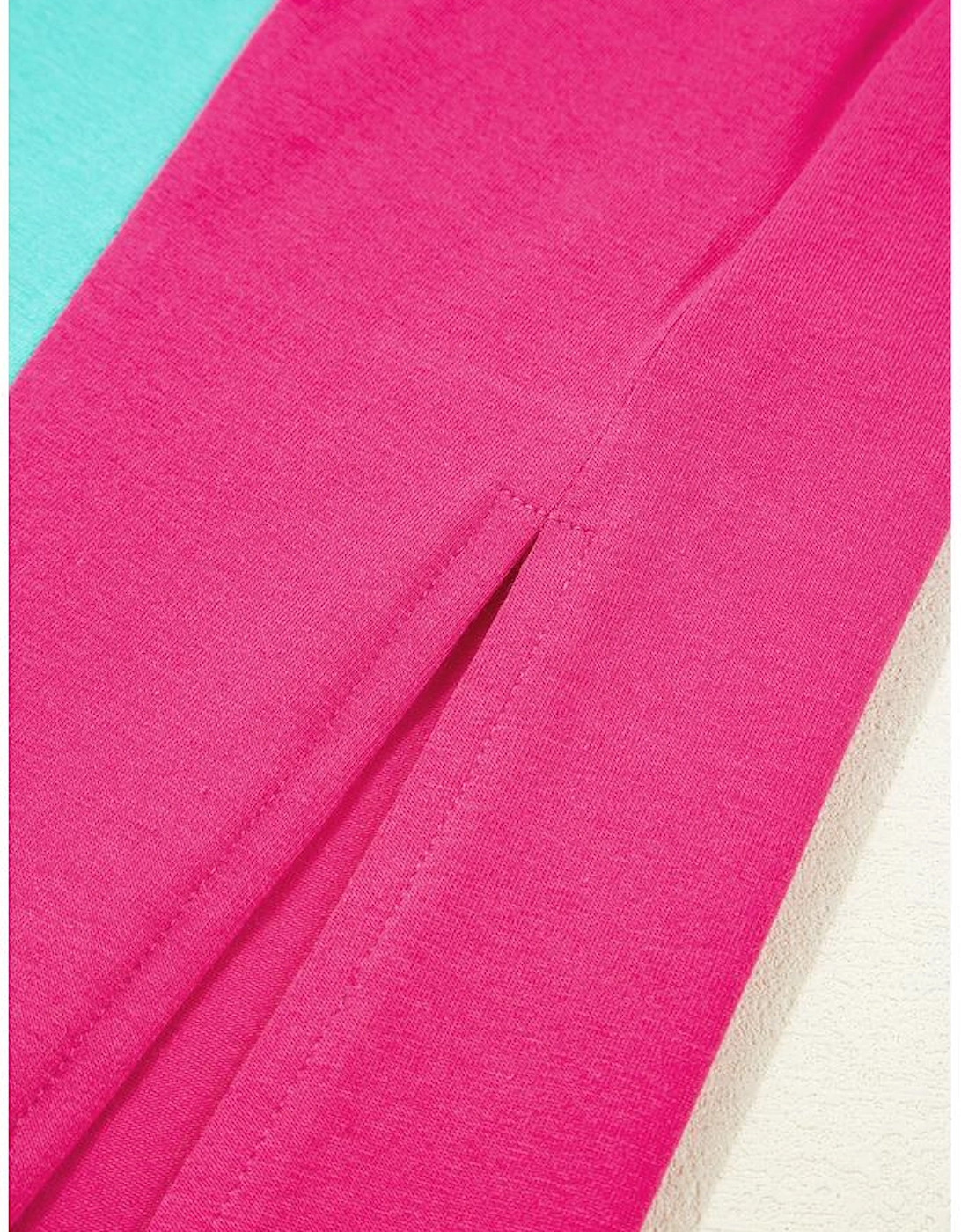 Rose Red Color Block Ruffled Crew Neck Loose Fit T Shirt