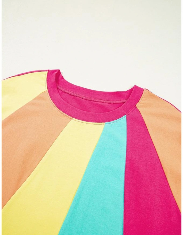 Rose Red Color Block Ruffled Crew Neck Loose Fit T Shirt