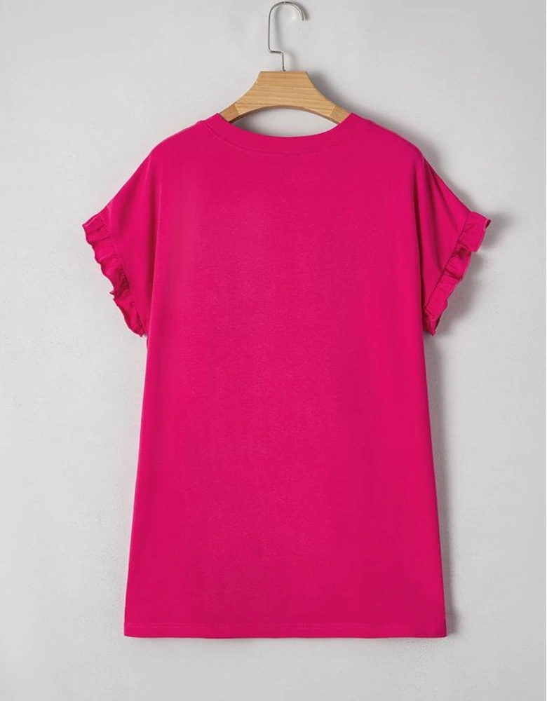 Rose Red Color Block Ruffled Crew Neck Loose Fit T Shirt