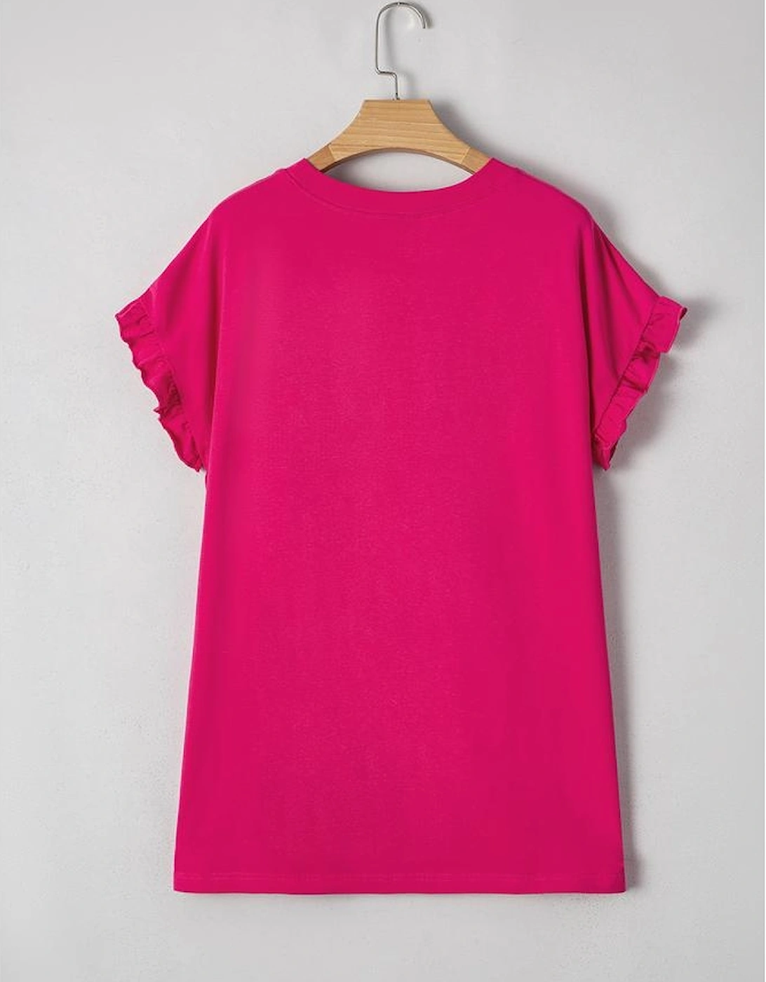 Rose Red Color Block Ruffled Crew Neck Loose Fit T Shirt