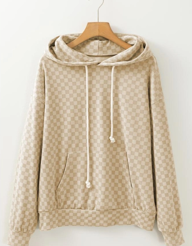 Khaki Checkered Print Kangaroo Pocket Drawstring Hoodie