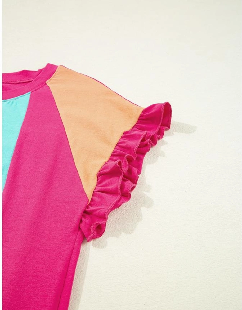 Rose Red Color Block Ruffled Crew Neck Loose Fit T Shirt