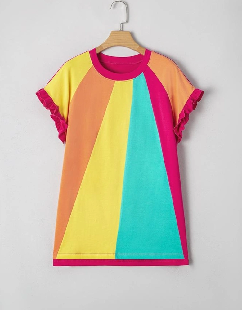 Rose Red Color Block Ruffled Crew Neck Loose Fit T Shirt