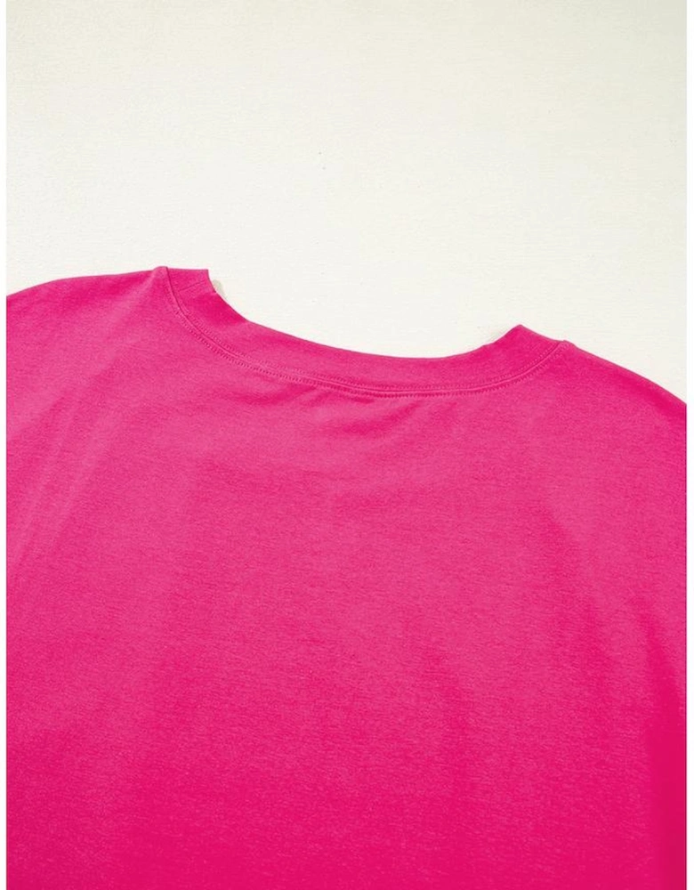 Rose Red Color Block Ruffled Crew Neck Loose Fit T Shirt