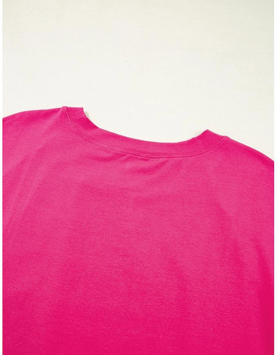 Rose Red Color Block Ruffled Crew Neck Loose Fit T Shirt