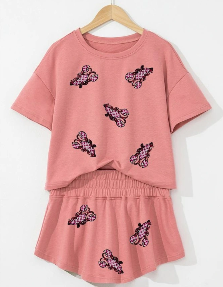 Blossom Sequined Lobster Patched Crop Tee and High Waist Short Set