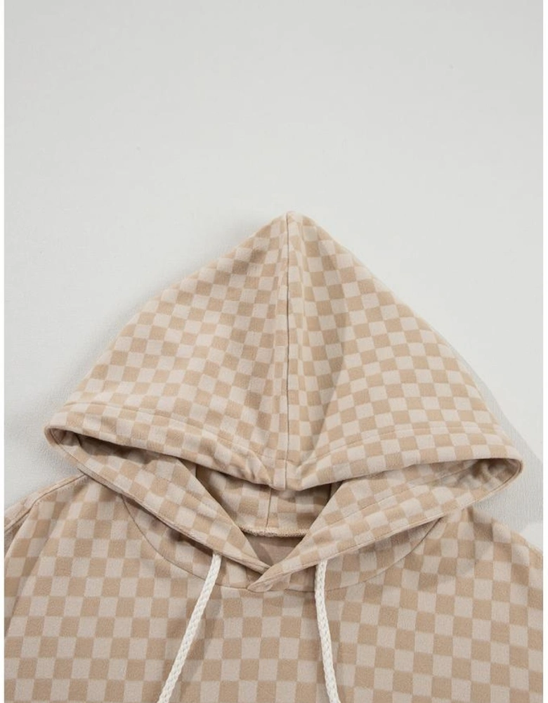 Khaki Checkered Print Kangaroo Pocket Drawstring Hoodie