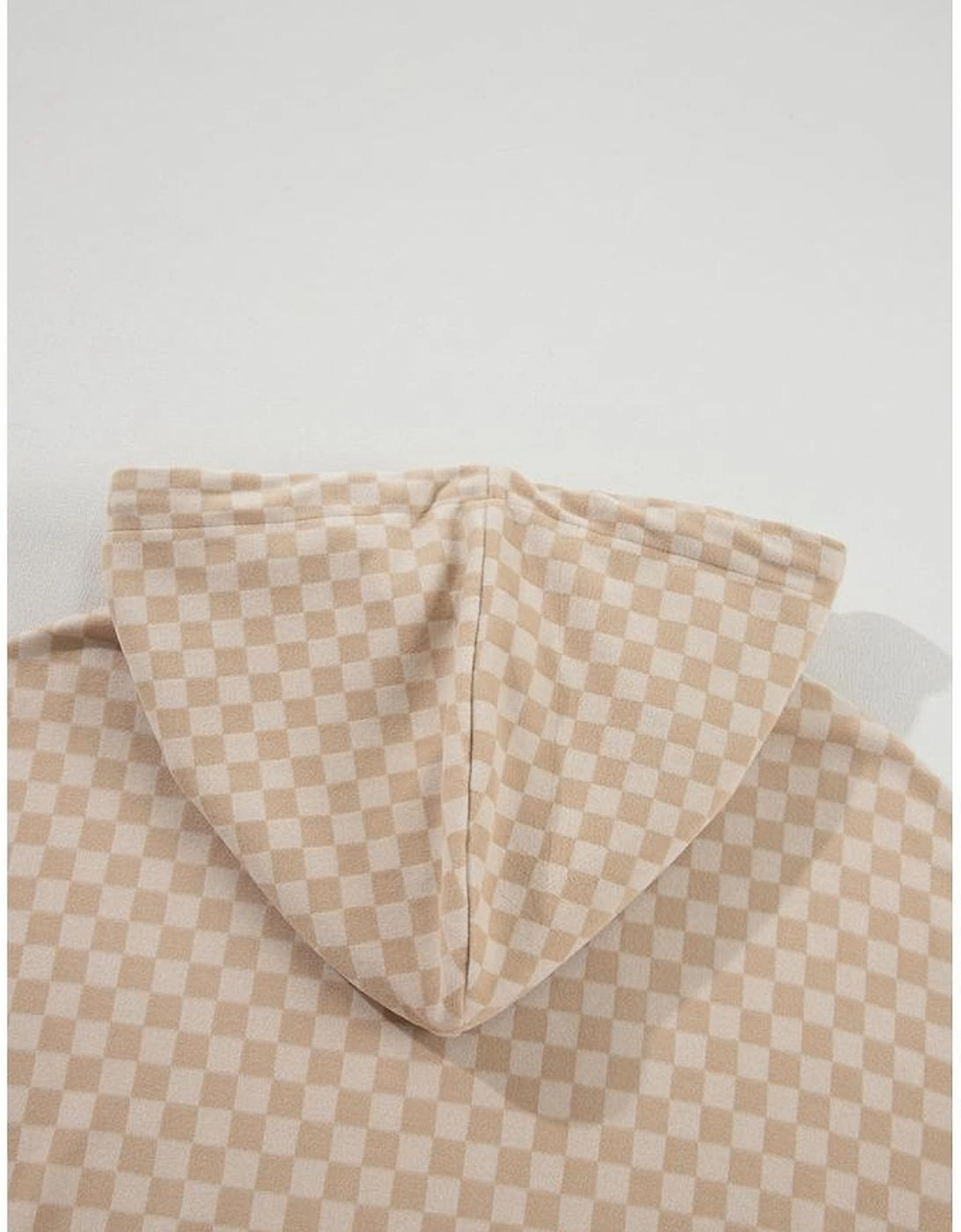 Khaki Checkered Print Kangaroo Pocket Drawstring Hoodie