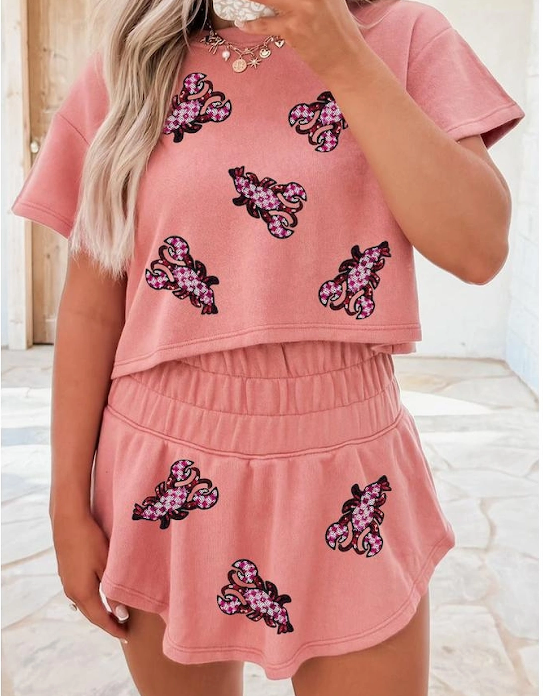 Blossom Sequined Lobster Patched Crop Tee and High Waist Short Set