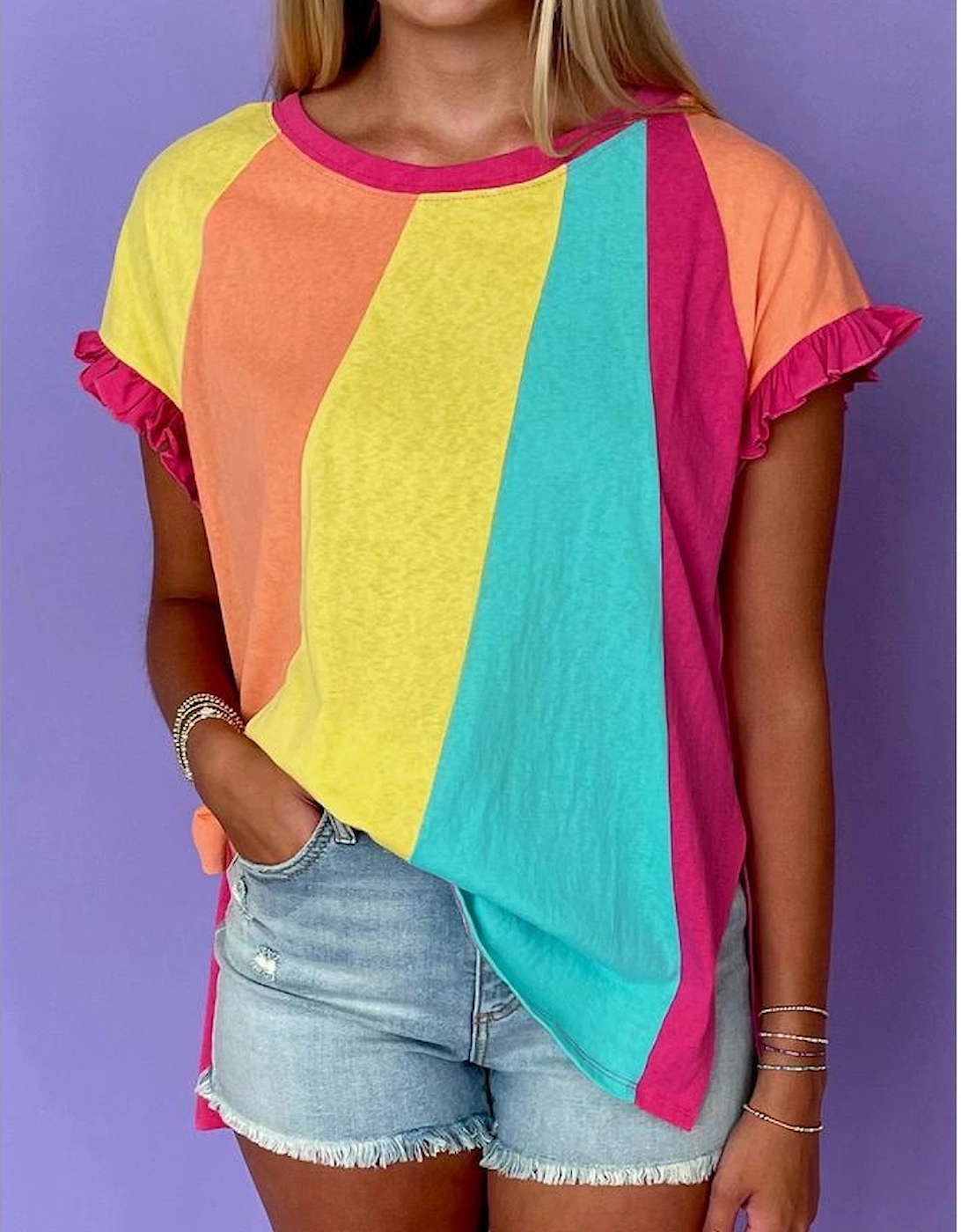 Rose Red Color Block Ruffled Crew Neck Loose Fit T Shirt