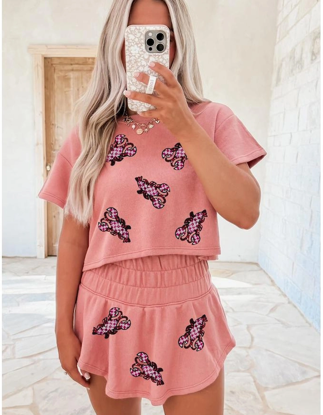 Blossom Sequined Lobster Patched Crop Tee and High Waist Short Set