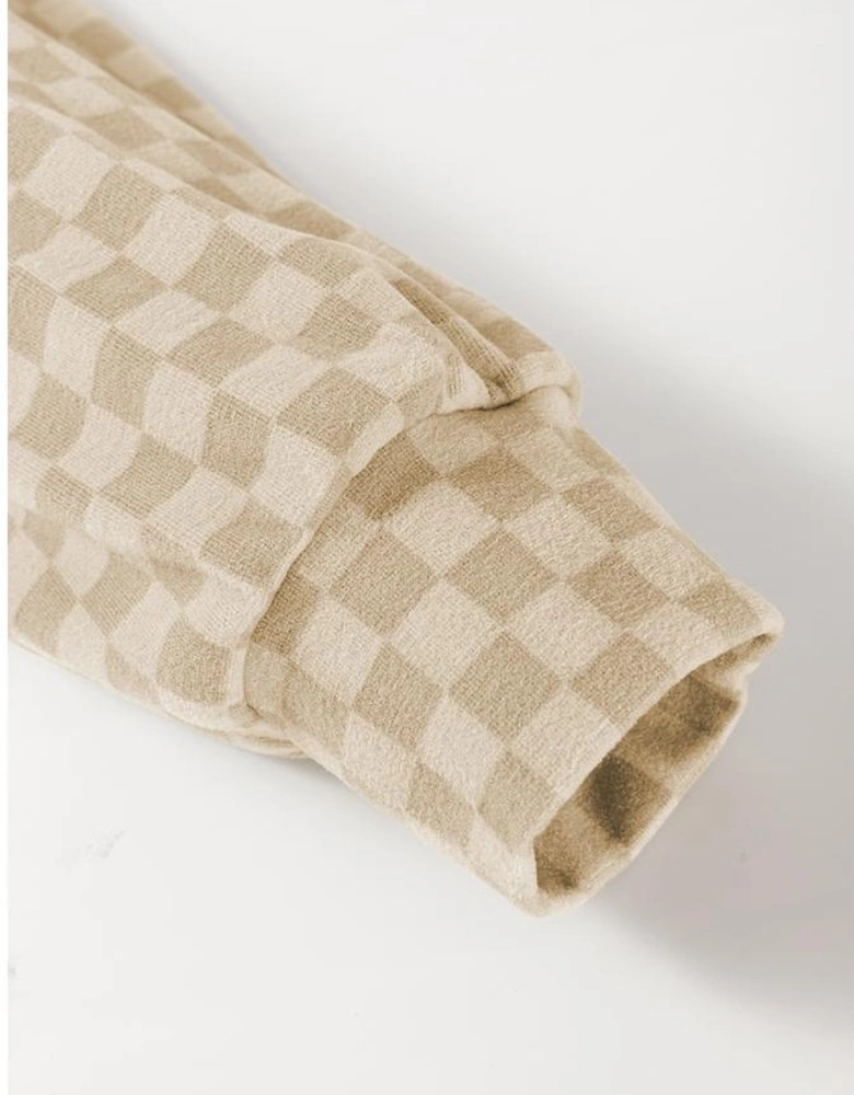 Khaki Checkered Print Kangaroo Pocket Drawstring Hoodie