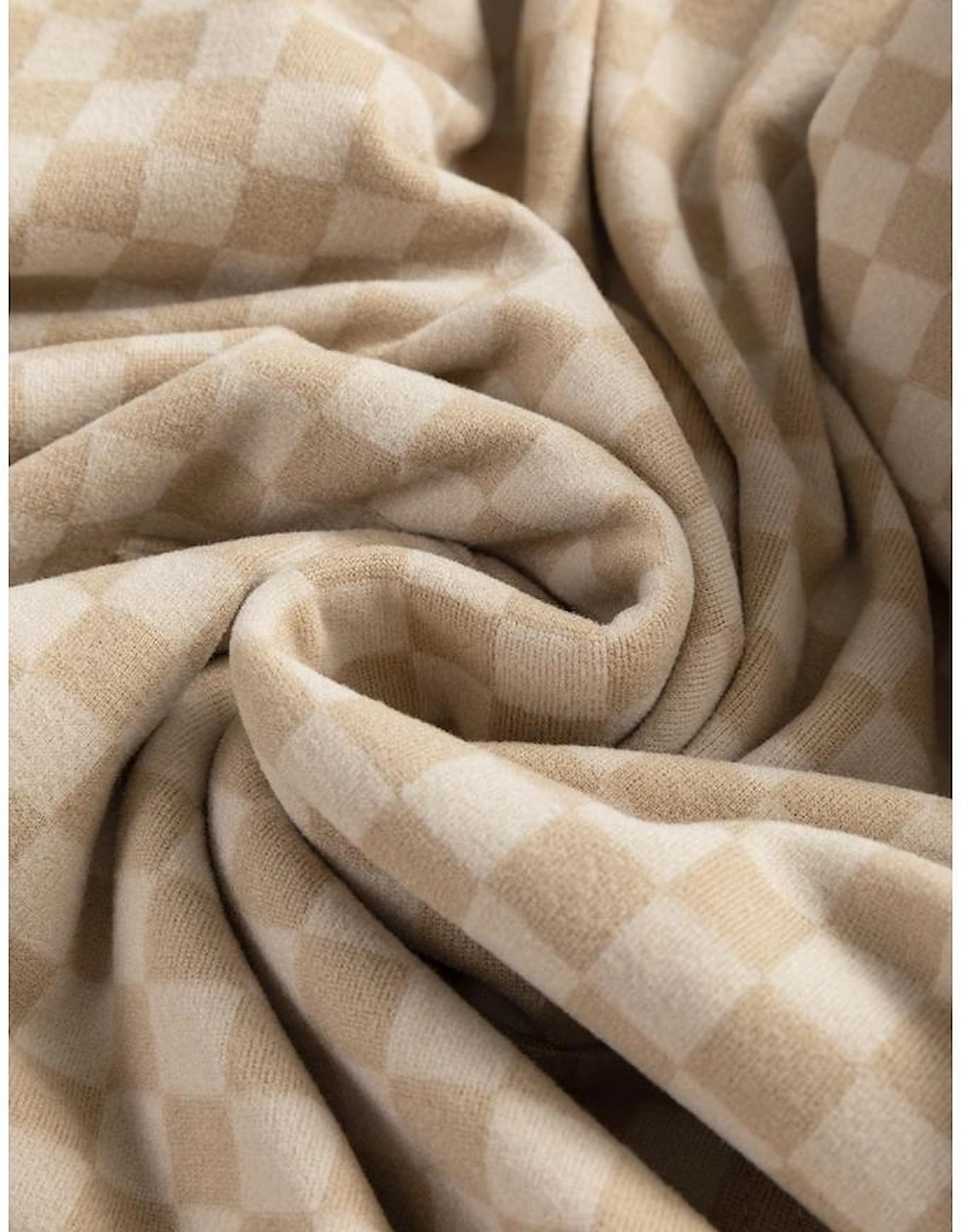 Khaki Checkered Print Kangaroo Pocket Drawstring Hoodie