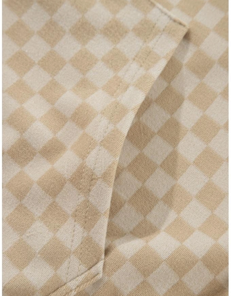Khaki Checkered Print Kangaroo Pocket Drawstring Hoodie