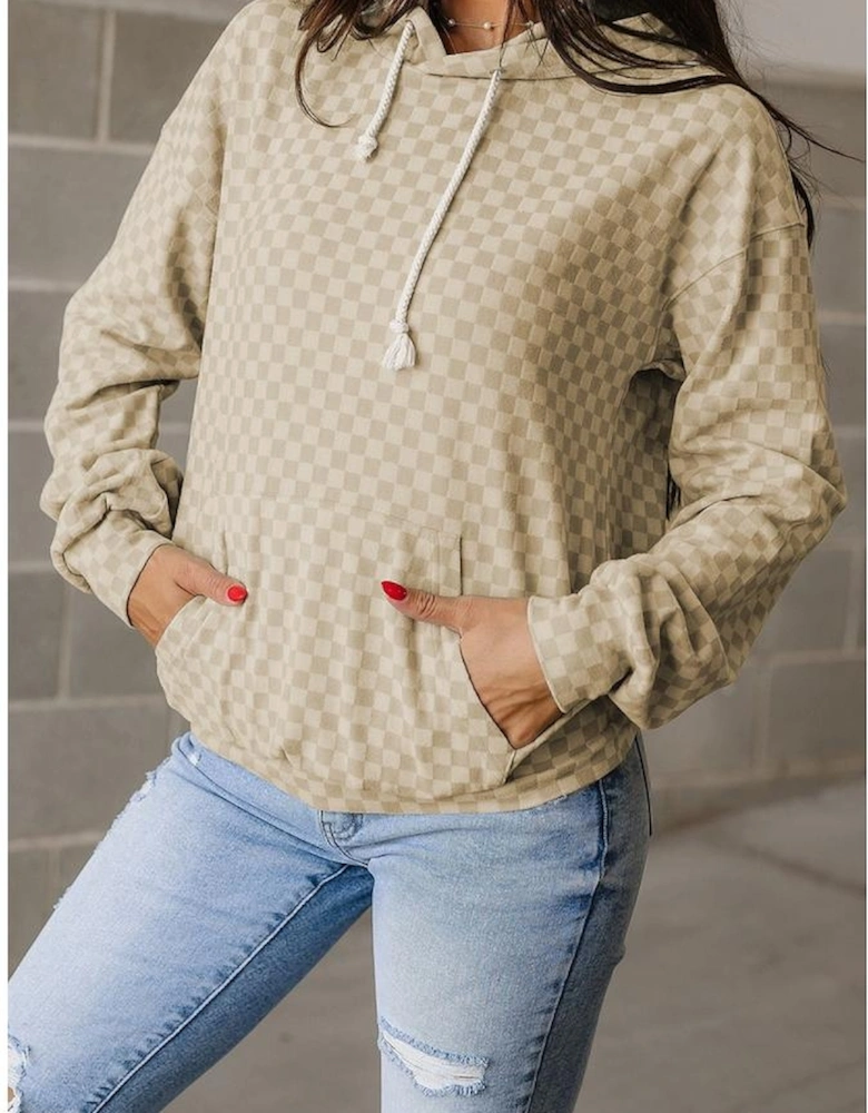 Khaki Checkered Print Kangaroo Pocket Drawstring Hoodie