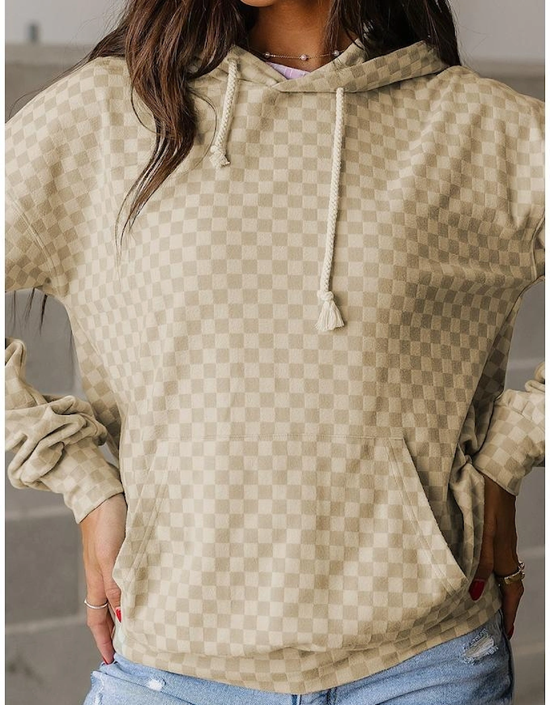 Khaki Checkered Print Kangaroo Pocket Drawstring Hoodie