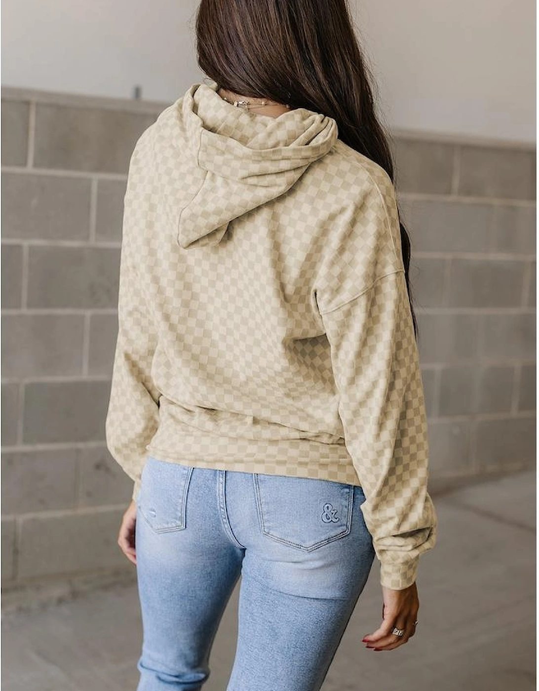 Khaki Checkered Print Kangaroo Pocket Drawstring Hoodie