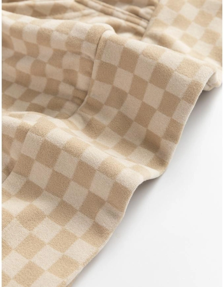 Khaki Checkered Print Kangaroo Pocket Drawstring Hoodie