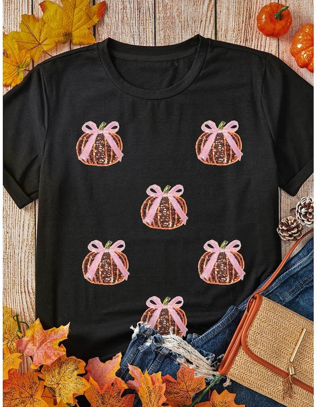 Black Sequin Bow Pumpkin Patched Cotton Blend T Shirt, 8 of 7
