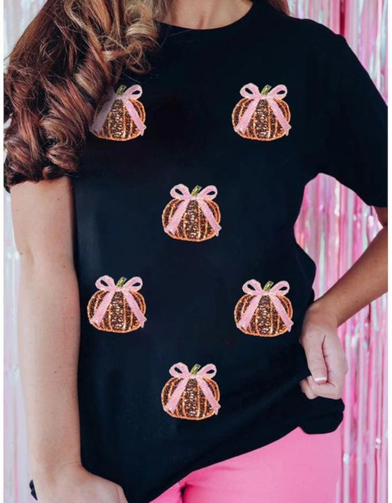 Black Sequin Bow Pumpkin Patched Cotton Blend T Shirt