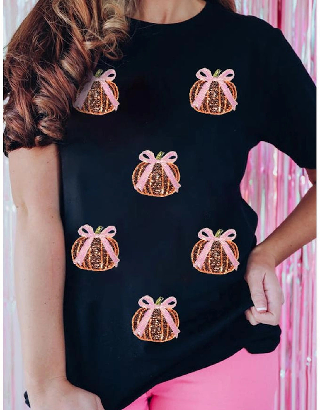 Black Sequin Bow Pumpkin Patched Cotton Blend T Shirt