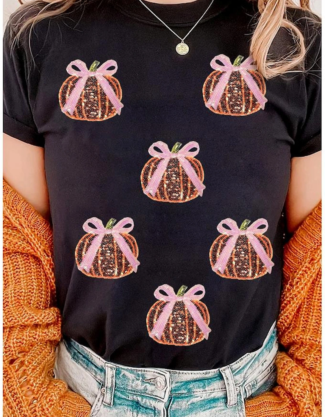 Black Sequin Bow Pumpkin Patched Cotton Blend T Shirt