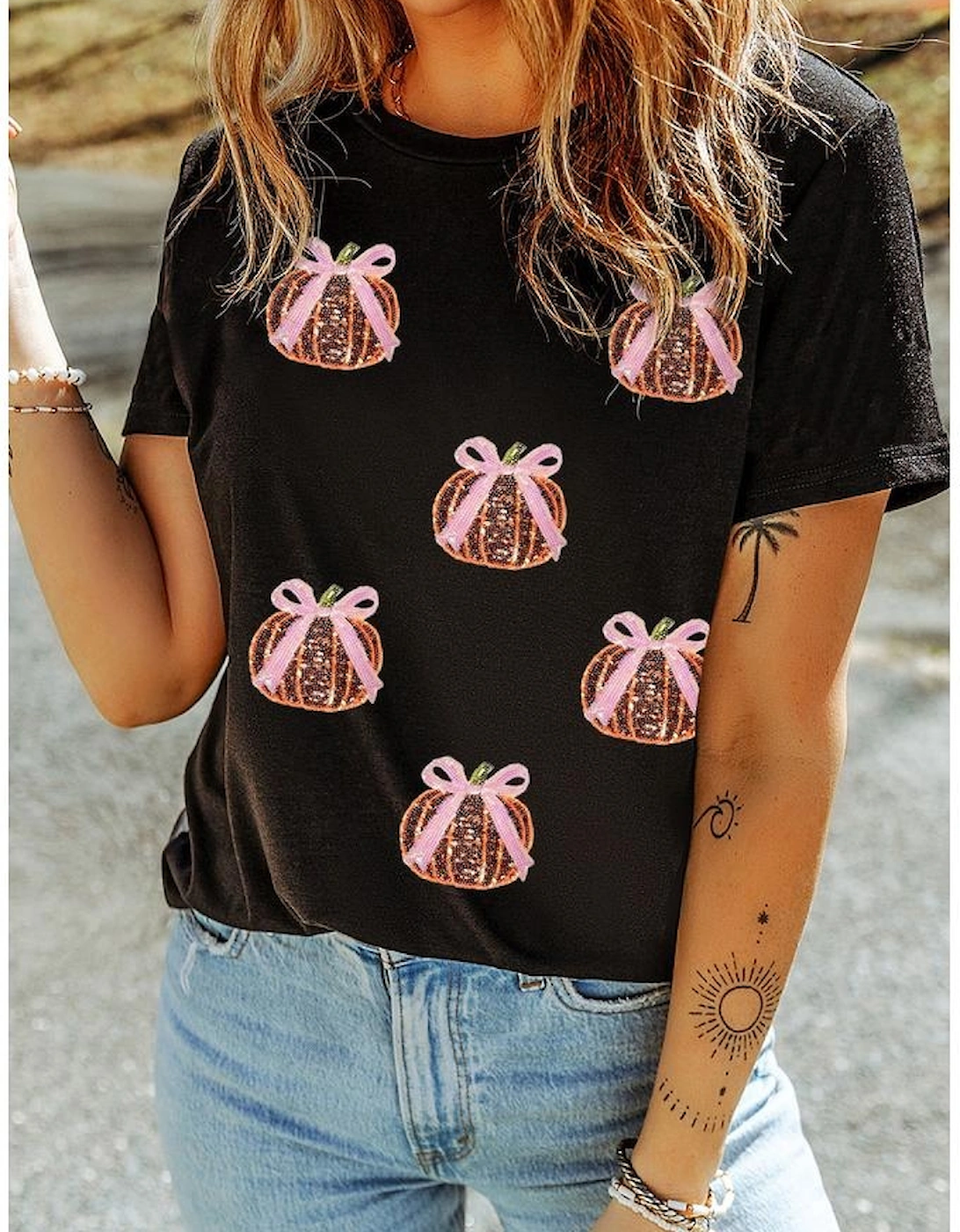 Black Sequin Bow Pumpkin Patched Cotton Blend T Shirt