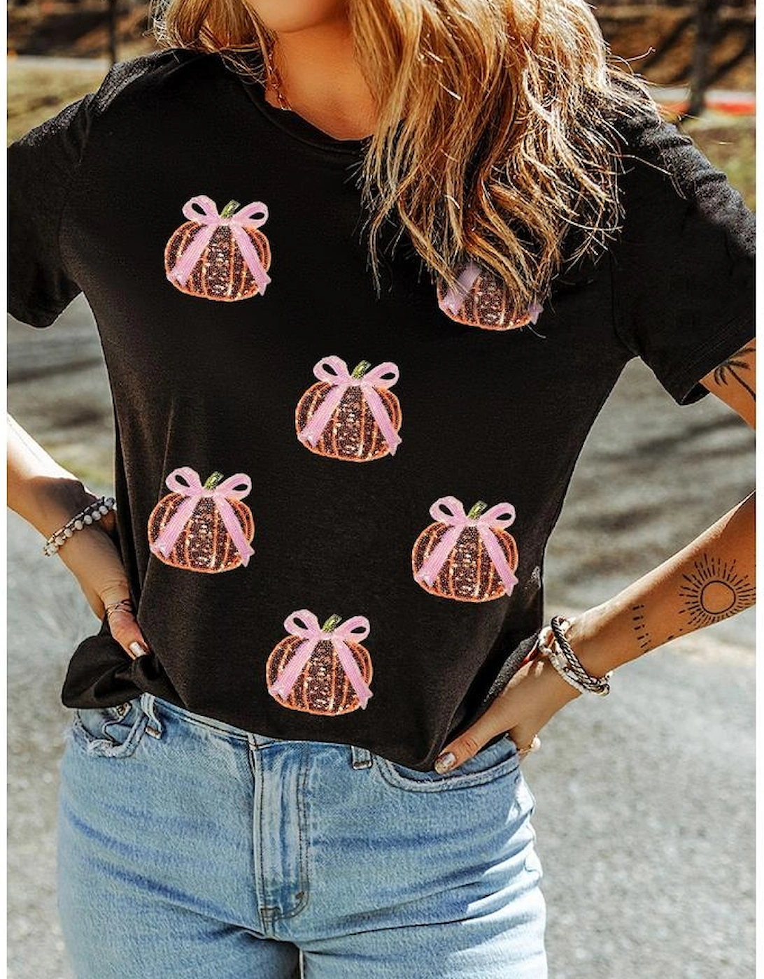 Black Sequin Bow Pumpkin Patched Cotton Blend T Shirt