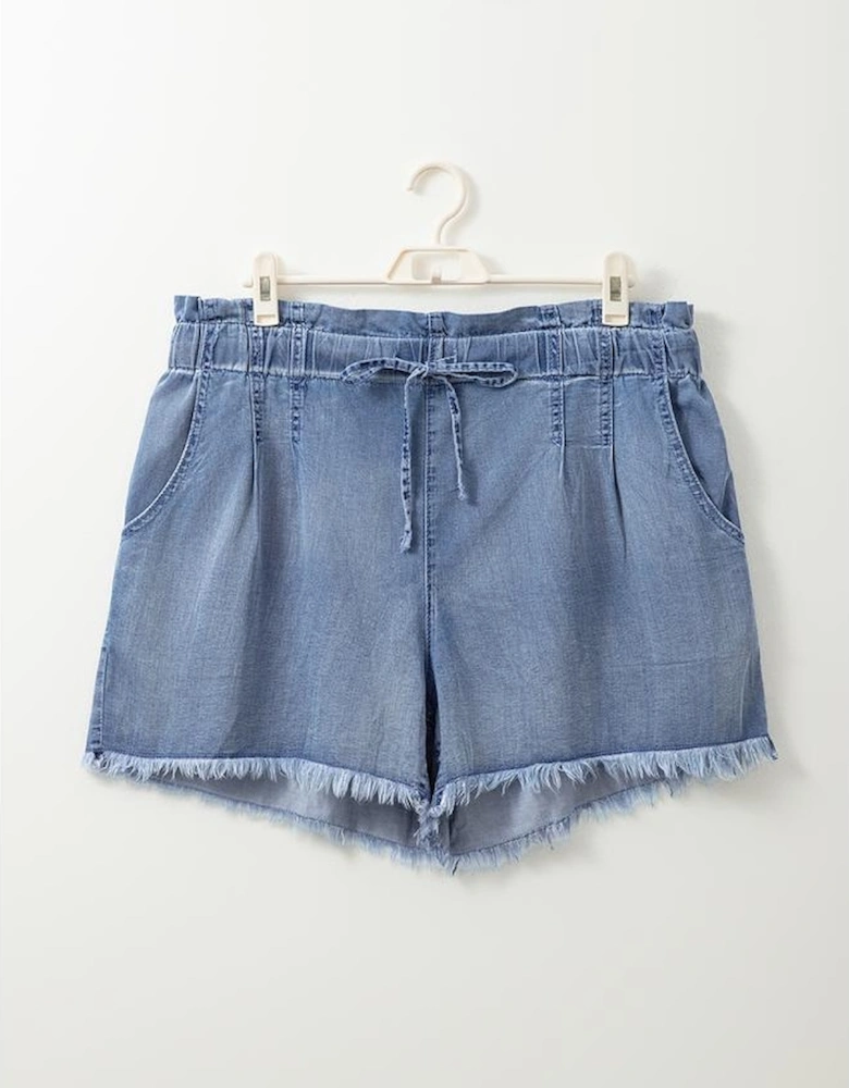 Dusk Blue Raw Hem Lace-up High Waist Plus Size Denim Shorts