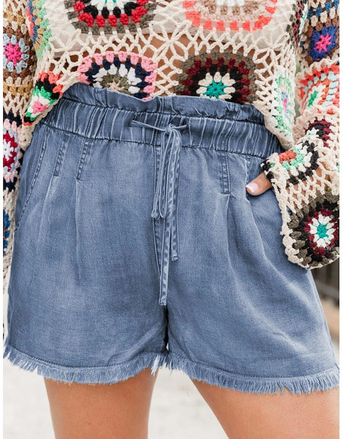 Dusk Blue Raw Hem Lace-up High Waist Plus Size Denim Shorts