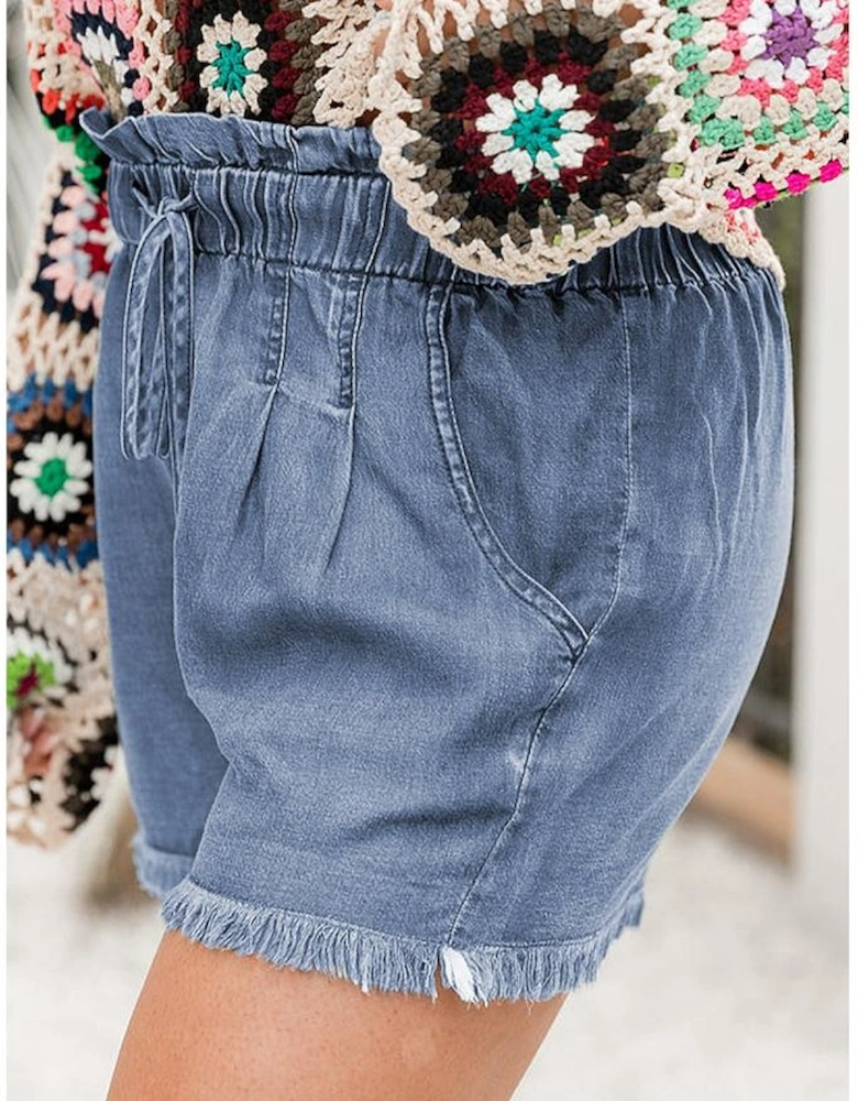 Dusk Blue Raw Hem Lace-up High Waist Plus Size Denim Shorts