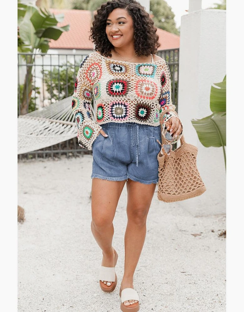 Dusk Blue Raw Hem Lace-up High Waist Plus Size Denim Shorts