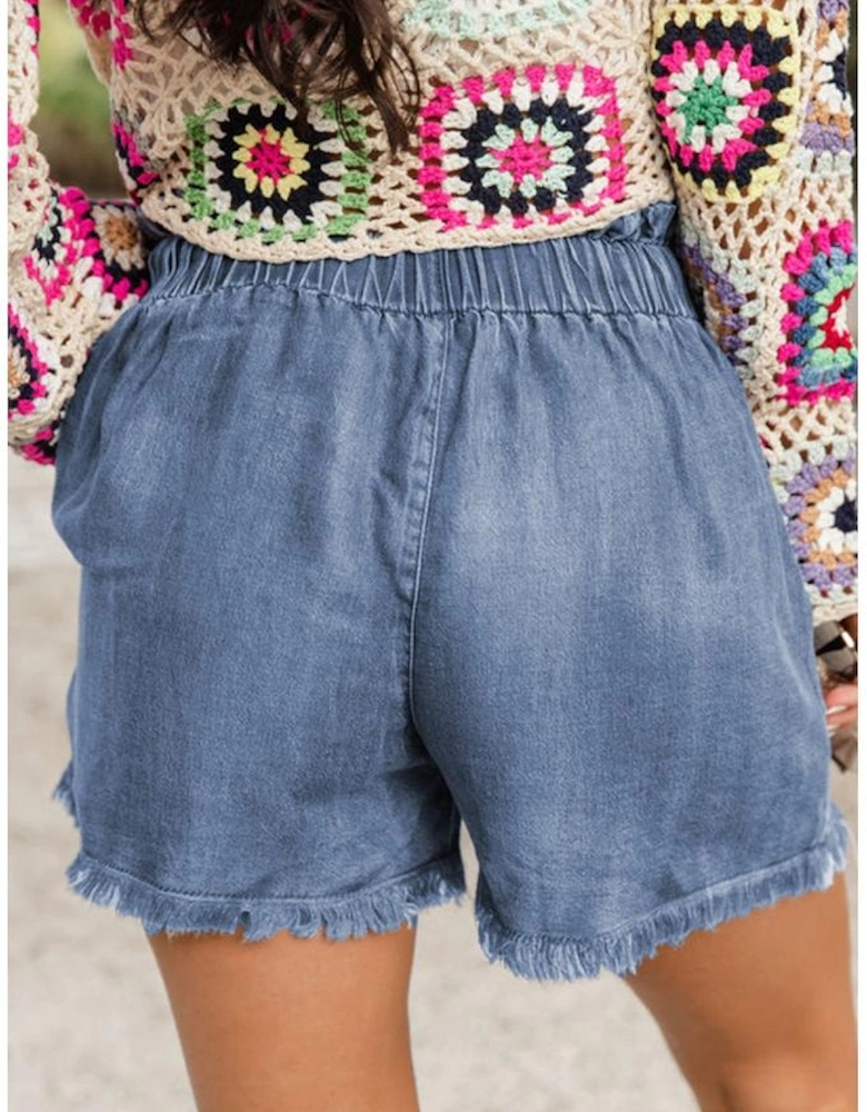 Dusk Blue Raw Hem Lace-up High Waist Plus Size Denim Shorts