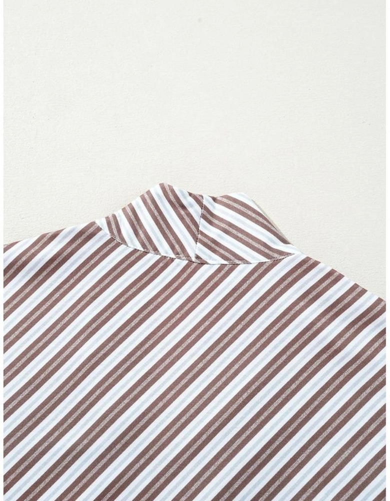 Chestnut Striped Stand V Neck Short Sleeve Blouse